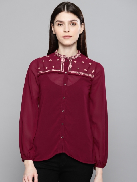 

Chemistry Women Maroon Embroidered Shirt Style Top