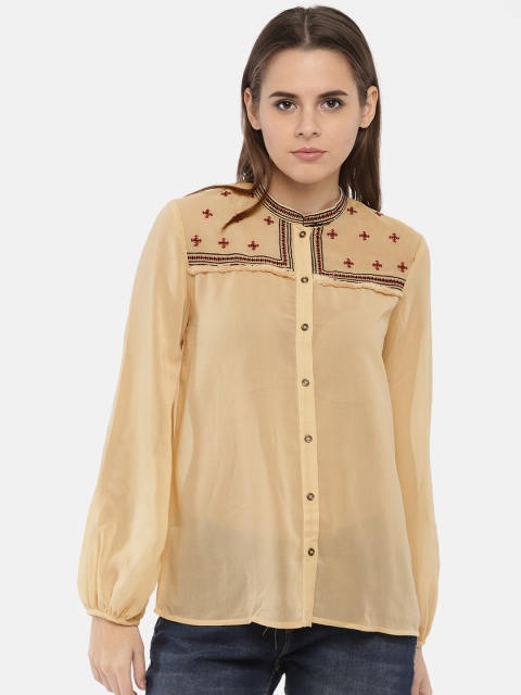 

Chemistry Women Beige Embroidered Shirt Style Top