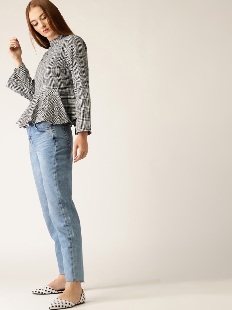 

United Colors of Benetton Women White & Black Checked Peplum Top