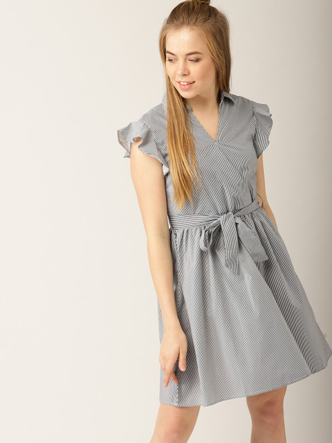 

United Colors of Benetton Women Navy & White Striped Fit & Flare Dress, Navy blue