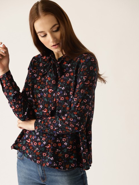 

United Colors of Benetton Women Navy Blue & Rust Red Printed Shirt Style Top