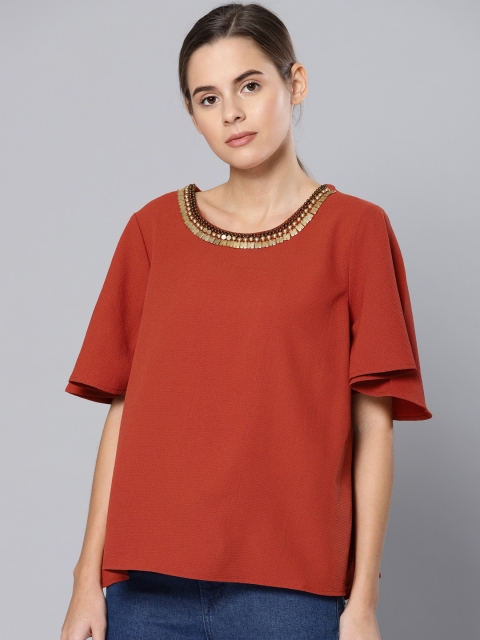 

Chemistry Women Rust Brown Embellished Top