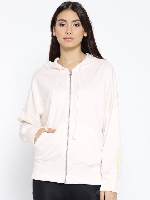 

ADIDAS Women Off-White Solid Full Zip Sweatshirt