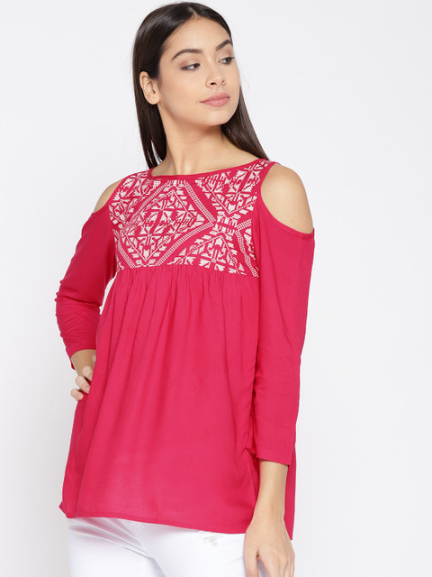 

MsFQ Women Magenta Solid A-Line Top with Printed Detail