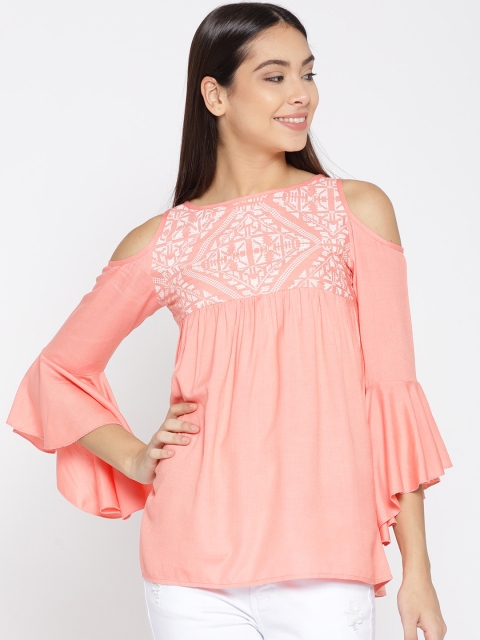 

MsFQ Women Peach-Coloured Solid A-Line Top with Printed Detail