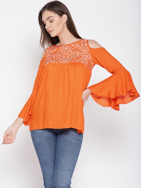 

MsFQ Women Orange Solid A-Line Top with Printed Detail