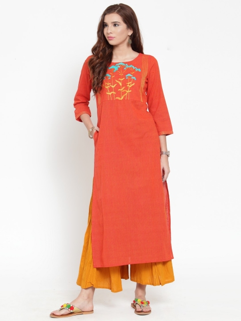 

Varanga Women Rust Orange & Mustard Embroidered Kurta with Palazzos