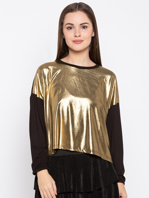 

Globus Women Brown & Gold-Toned Colourblocked Boxy Top