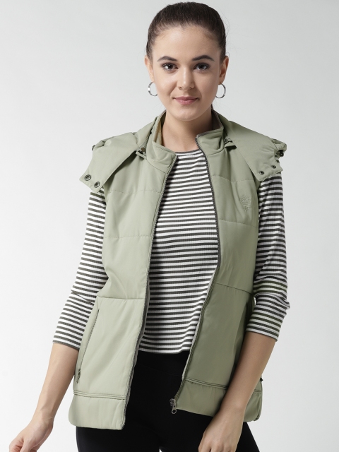 

Fort Collins Women Olive Green Solid Hooded Sleeveless Padded Jacket