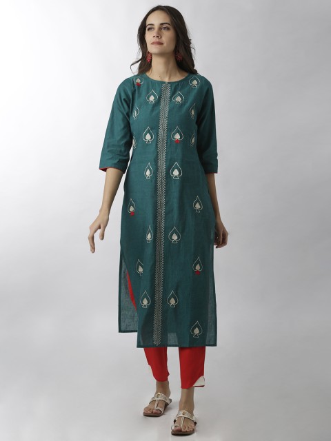 

breya Women Green Embroidered Straight Kurta