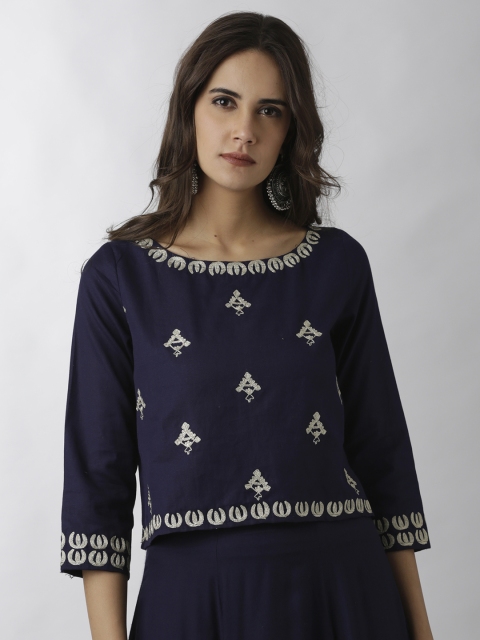 

breya Women Navy Blue Embroidered Regular Top