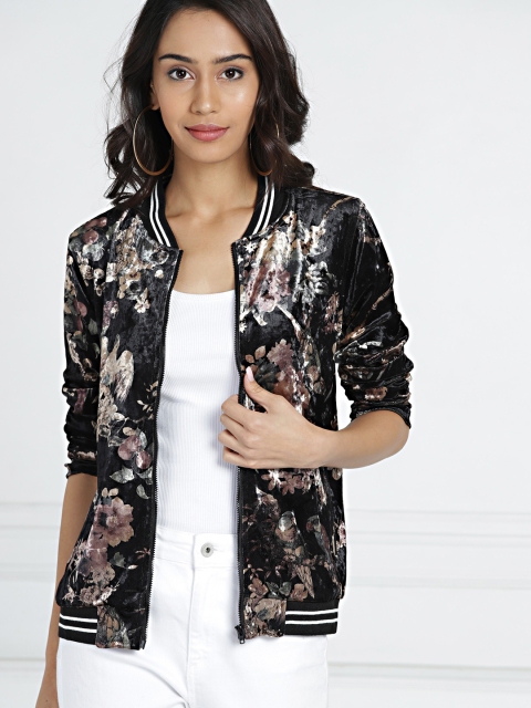 

all about you Women Black Printed Velvet Bomber