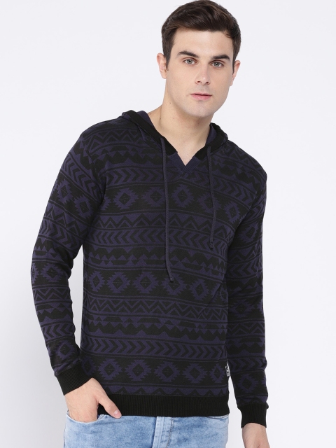 

V Dot Men Black & Purple Printed Hooded Pullover