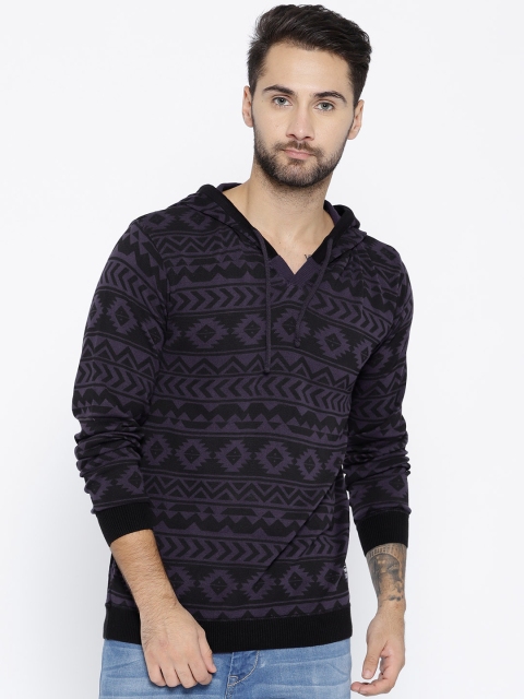 

V Dot Men Purple & Black Printed Hooded Pullover