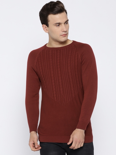 

V Dot Men Rust Orange Cable Knit Pattern Pullover