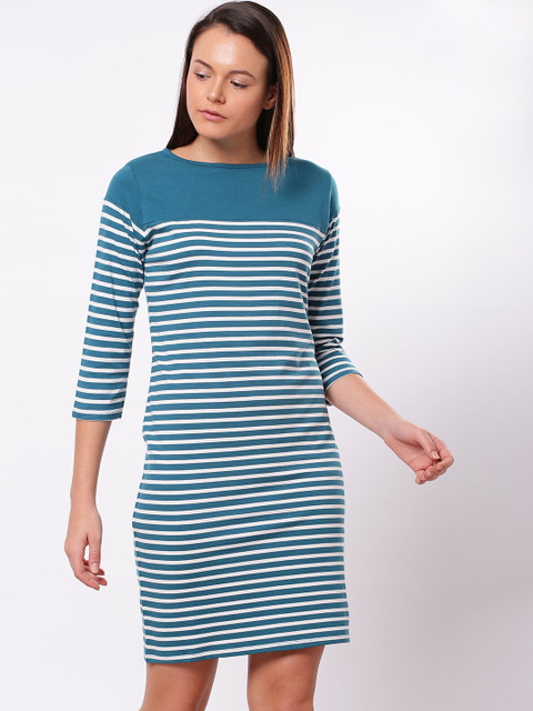 

ether Women Teal Green & White Striped T-shirt Dress