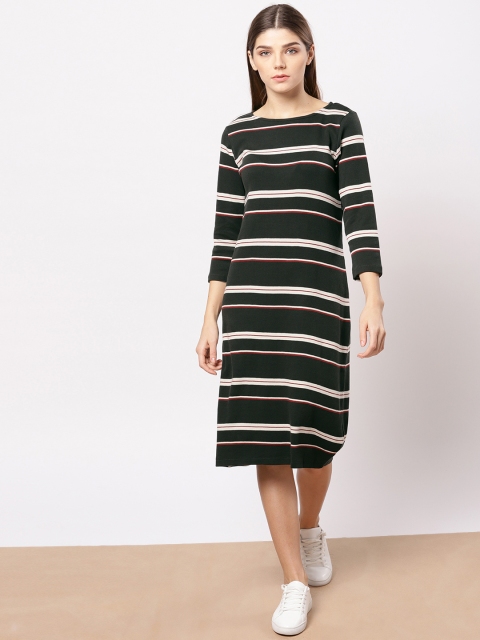 

ether Women Olive Green Striped Midi T-shirt Dress