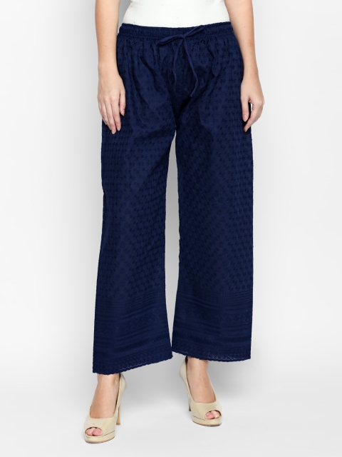 

Ishin Women Navy Blue Straight Self Design Palazzos