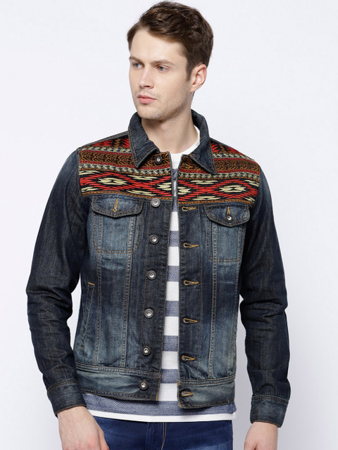 

V Dot Men Navy Blue Washed Denim Jacket