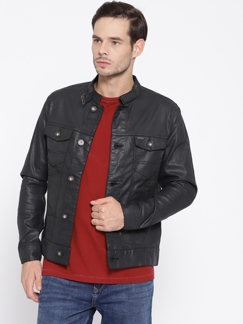 

V Dot Men Black Coated Denim Jacket