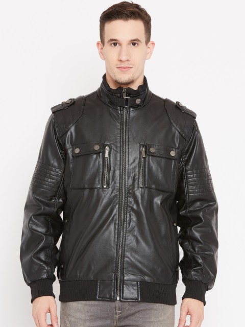 

V Dot Men Black Solid Biker Jacket