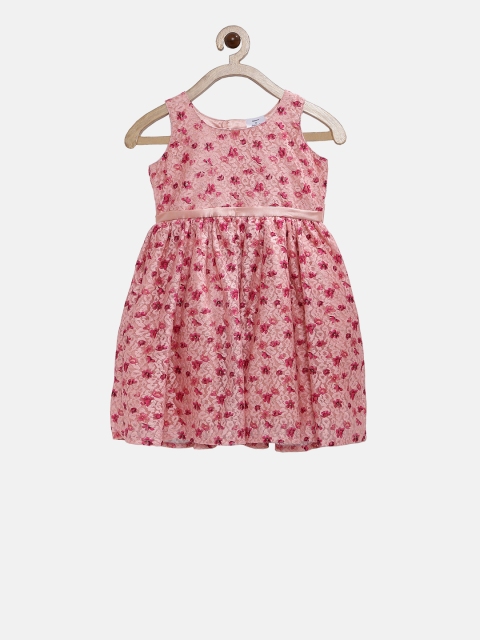 

Doodle Girls Peach-Coloured & Pink Self Design Fit & Flare Dress