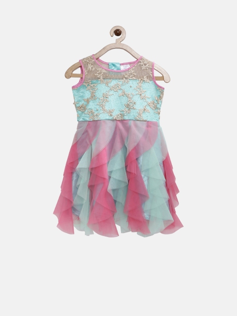 

Doodle Girls Green & Pink Self Design Fit & Flare Dress