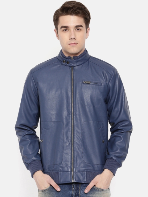 

V Dot Men Blue Solid Biker Jacket