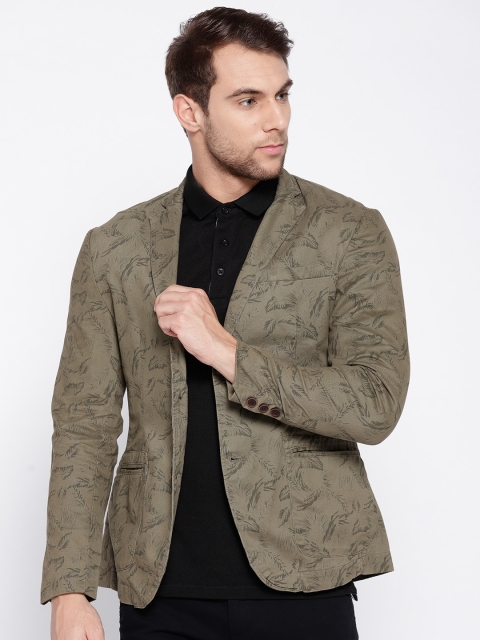 

V Dot Men Olive Green Printed Skinny Fit Single-Breasted Casual Blazer