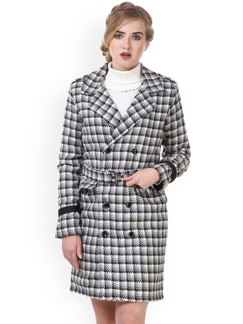 

Texco Women Black & White Checked Trench Coat