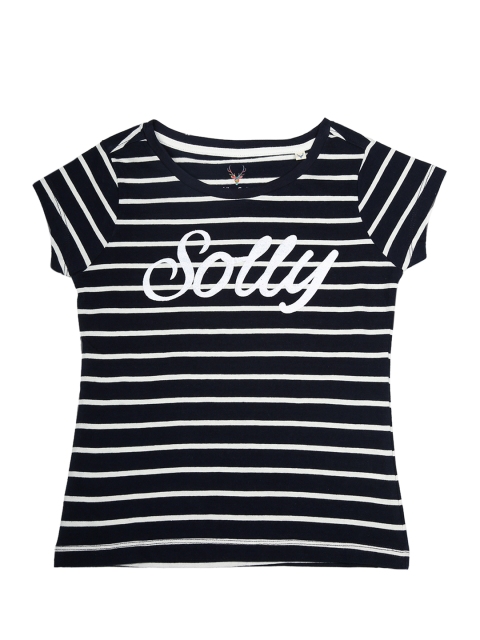 

Allen Solly Junior Girls Navy Blue & White Striped Round Neck T-shirt