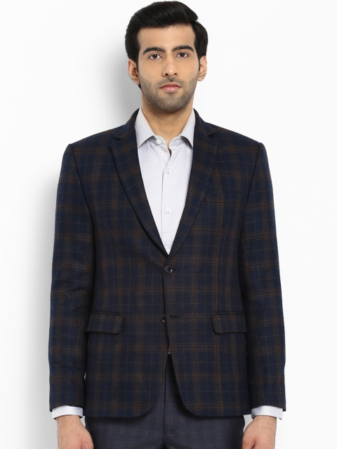 

Park Avenue Mens Blue & Brown Checked Single-Breasted Slim Fit Formal Blazer