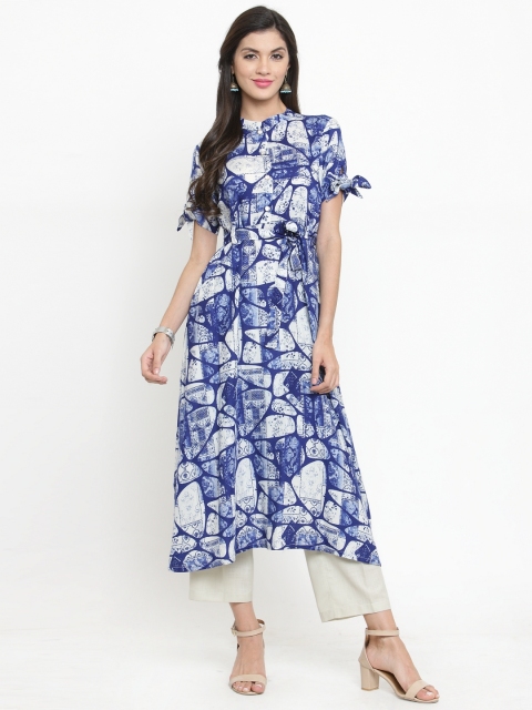 

Indibelle Women Blue & Off-White Printed A-Line Kurta