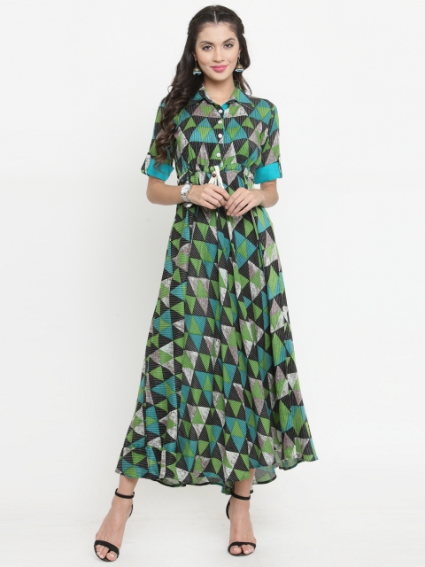 

Indibelle Women Green & Black Printed A-Line Kurta