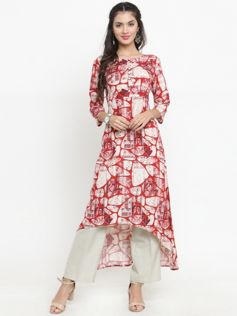

Indibelle Women Red & Off-White Printed A-Line Kurta