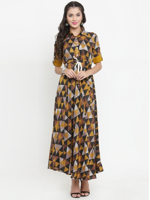 

Indibelle Women Mustard & Black Printed A-Line Kurta