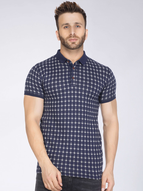 

Tinted Men Navy Blue Checked Slim Fit Polo Collar T-shirt