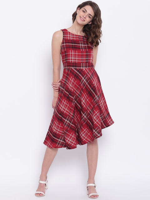 

AND Women Red & Black Checked Fit and Flare Dress
