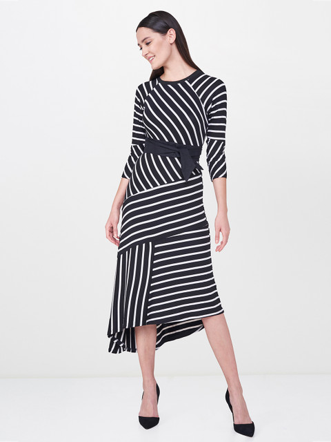 

AND Women Black & White Midi Striped A-Line Dress
