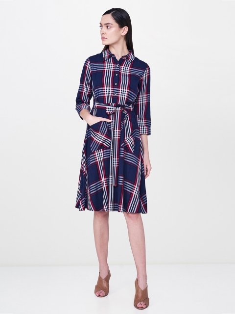 

AND Women Navy Blue & Red Checked Shirt Dress