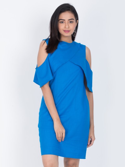 

sassystripes Women Blue Solid Cold-Shoulder Sheath Dress