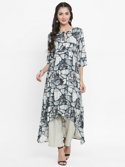 

Indibelle Women Green & Off-White Printed A-Line Kurta