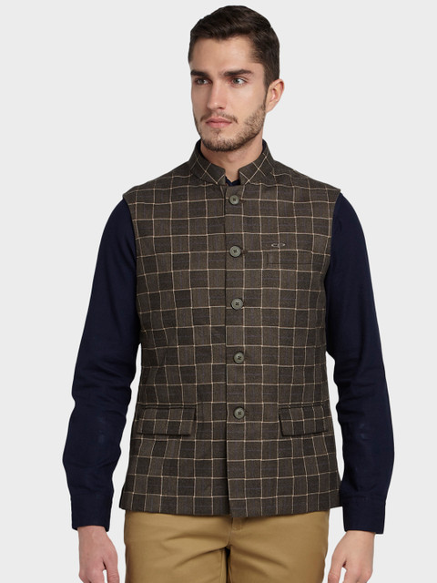 

ColorPlus Men Green Checked Wool Sleeveless Nehru Jacket