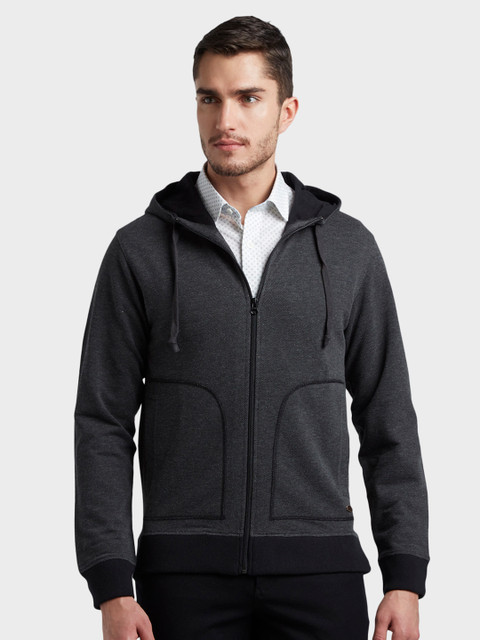 

ColorPlus Men Black Self Design Hooded Sweatshirt