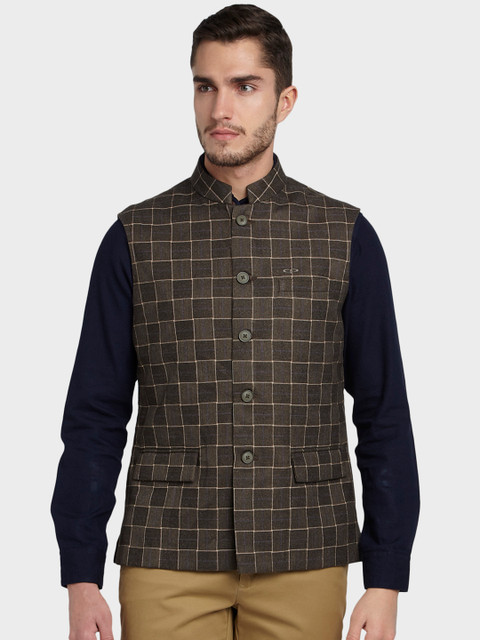 

ColorPlus Men Green Checked Wool Sleeveless Nehru Jacket