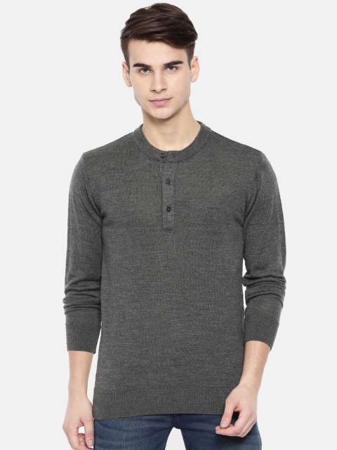

ColorPlus Men Charcoal Solid Henley Pullover Sweater