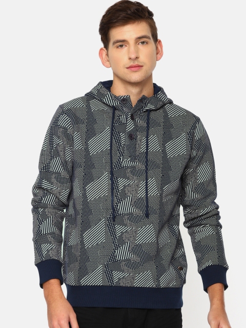 

ColorPlus Men Blue & Grey Printed Hooded Sweatshirt