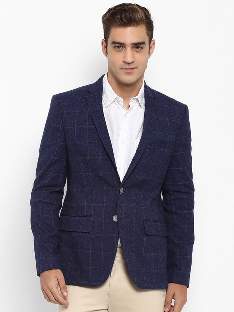 

Parx Mens Blue Checked Regular-Fit Single-Breasted Blazer