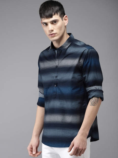 

HERE&NOW Men Navy Blue Regular Fit Striped Casual Shirt