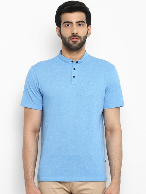 

Park Avenue Men Blue Solid Mandarin Collar T-shirt